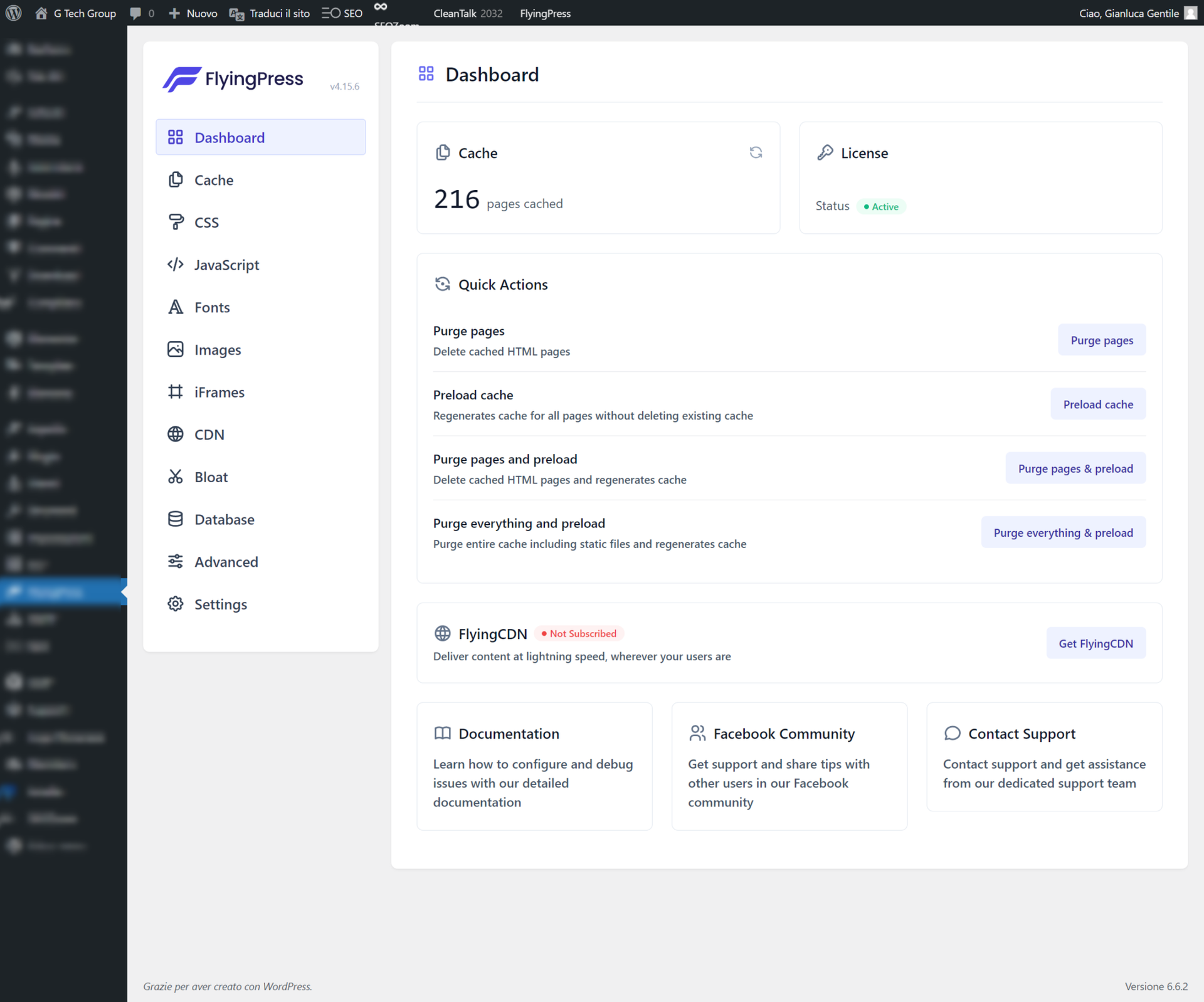 dashboard del plugin flyingpress