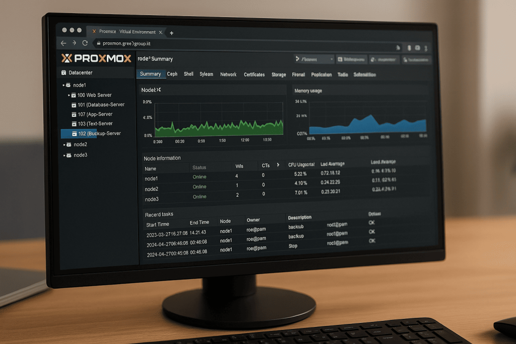 Schermo computer con grafici e dati server