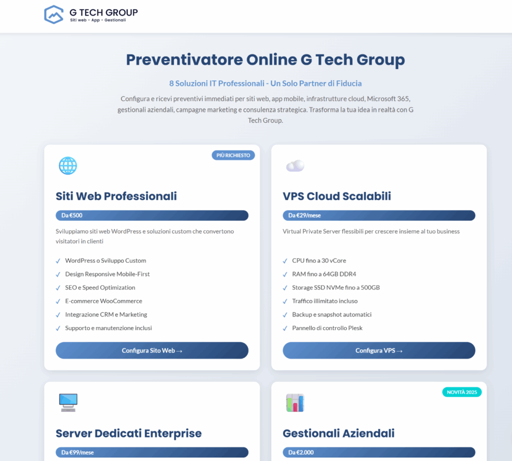 Preventivatore soluzioni IT online G Tech Group.