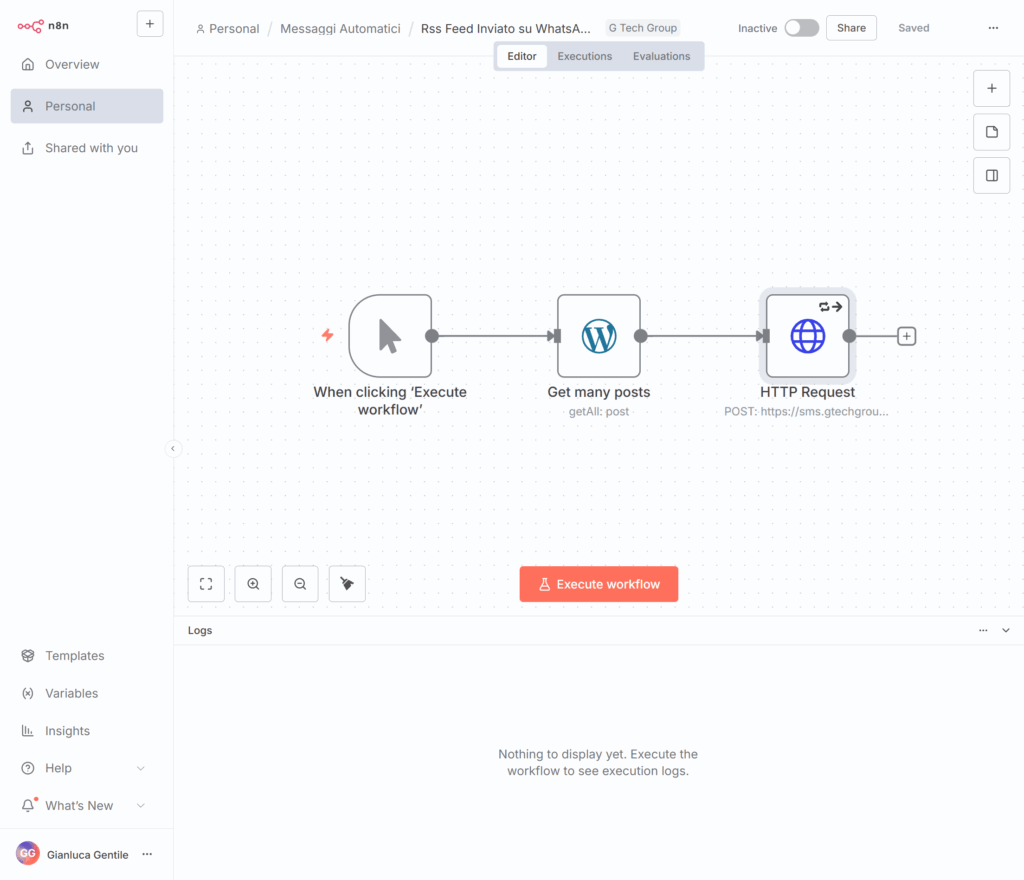 Flusso di lavoro automatico per inviare post su WhatsApp.